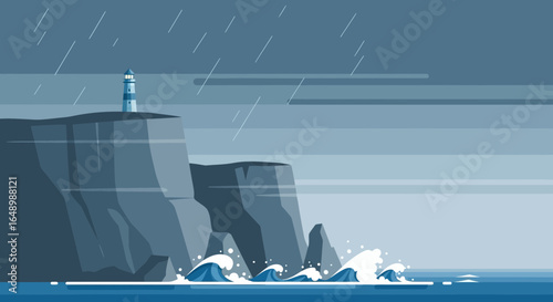 Gloomy Coastal Scene With Lighthouse on Cliff During Rainstorm