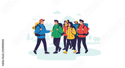 Happy Teamwork Group Enjoying Backpacking Adventure Trekking In Nature Mountains