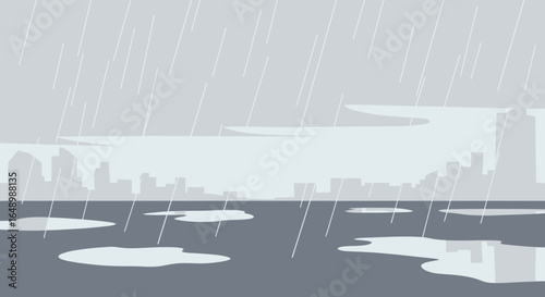 Gloomy Cityscape During Rainfall With Puddle Reflections And Overcast Sky