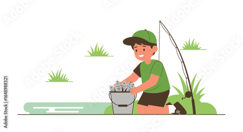 Happy Young Boy Fishing Catching Freshwater Fish At Outdoor Recreation Place