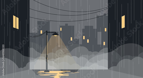 Gloomy Evening: Urban Street Scene on a Rainy Day with Light Reflections