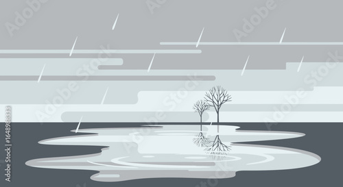 Gloomy Landscape With Sparse Trees Reflected in a Rain Puddle Scenery