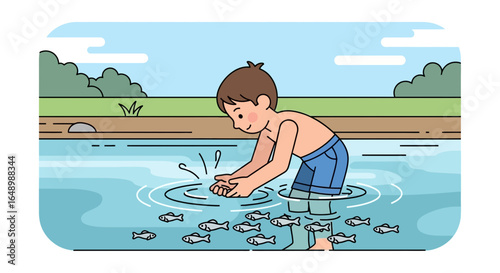 Happy Young Boy Having Fun Catching Small Fish In River During Summer Vacation