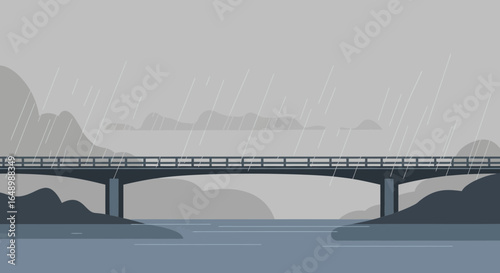 Gloomy Landscape Featuring a Bridge Over Water on a Rainy Day