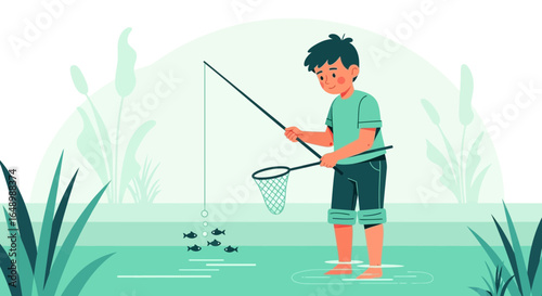 Happy Young Fisherman Boy With Fishing Rod Enjoying Summertime By The Water
