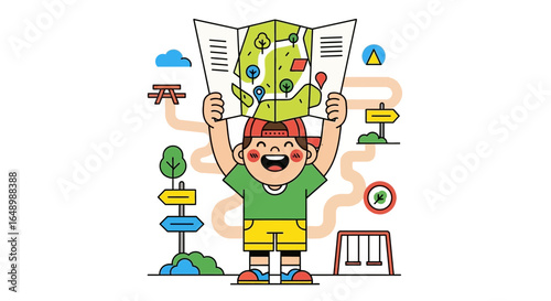 Happy Young Explorer Holding Up Park Map With Playful Illustrations Around