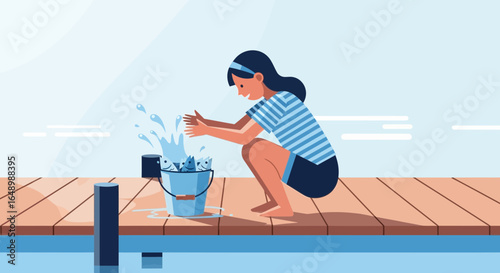 Happy Young Girl Splashing Water On Bucket With Fresh Fish At The Pier