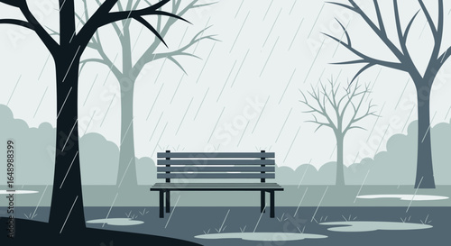 Gloomy Park Scene With Empty Bench And Falling Rain In Vector Style