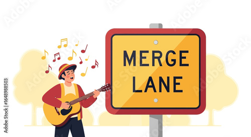 Harmonizing Highways A Musician Plays Guitar By a Merge Lane Sign