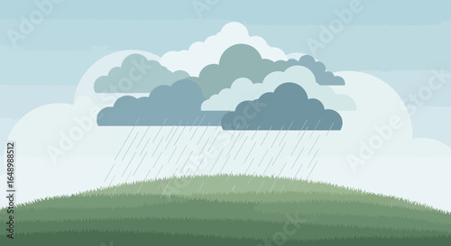 Gloomy Sky Above Green Hill Rainy Weather Scene Nature Illustration Concept