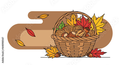 Harvest Bounty Basket Filled With Nuts and Colorful Autumn Leaves Illustration