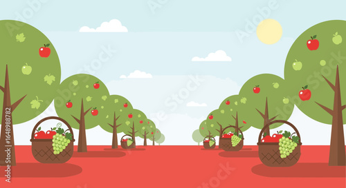 Harvesting Season In The Orchard With Baskets Full Of Ripe Fruits