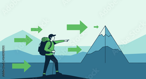 Goal Oriented Trekker Reaching Mountain Peak With Directional Green Arrows