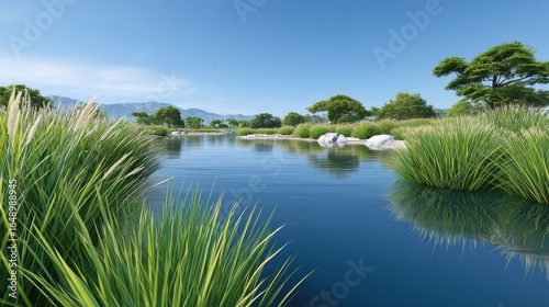 Serene river landscape with lush green grasses and clear blue sky.