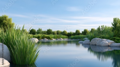 Serene river landscape with lush greenery and smooth water under a clear blue sky.