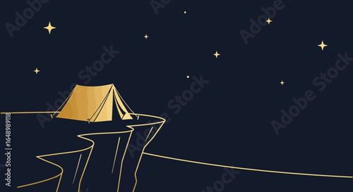 Golden night camping adventure with a tent on a cliff under starry skies illustration