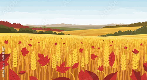 Golden Wheat Field And Vibrant Autumn Foliage On A Sunny Fall Day