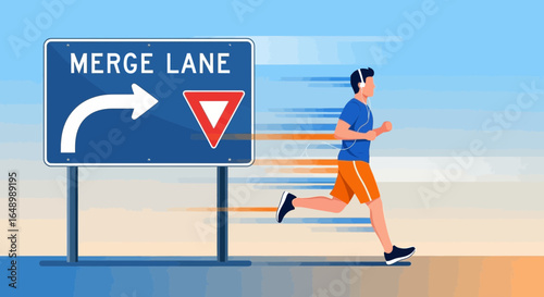 Healthy Lifestyle Jogging With Merge Lane Sign For Active Transport Illustration
