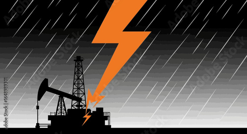 Heavy Rain And Lightning Strike An Oil Derrick Creating Dramatic Scene