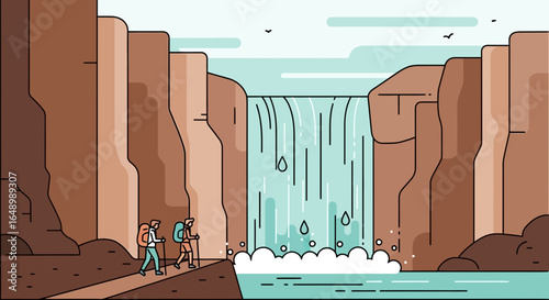 Grand Canyon Adventure Two Hikers Discovering Majestic Waterfall in Desert