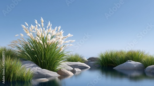 Serene landscape of tall grass by calm water under a clear blue sky.