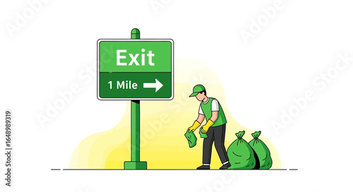 Highway Cleanup Crew Worker Collecting Litter Near Exit Ramp Sign