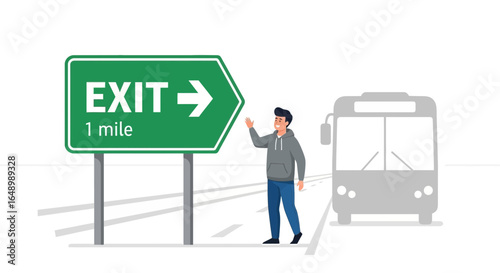 Highway Escape Adventure Man Beside Exit Sign Near Transportation Illustration