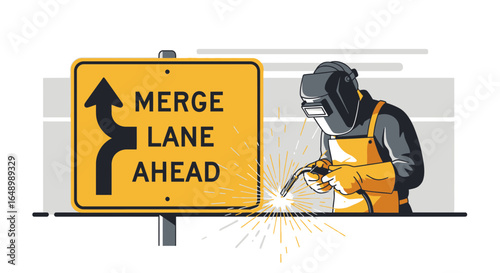 Highway Construction Worker Welding Near Road Warning Sign And Sparks