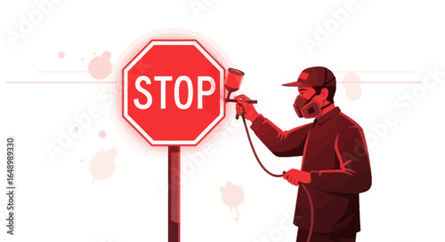 Graffiti Artist Paints a Red Stop Sign Illustration in an Urban Environment