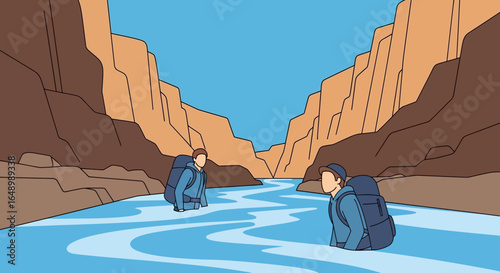 Grand Canyon River Crossing Illustration with Backpackers Adventurous Trek
