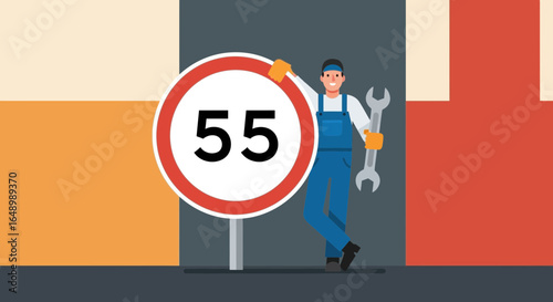 Highway Speed Limit Compliance Cartoon Illustration With Happy Mechanic