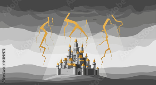 Grandeur Castle Under The Thunderstorm Dramatic View With Light Rays