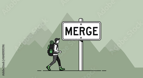 Hiker Approaches A Merge Sign With Mountains In The Distance Adventure Ahead