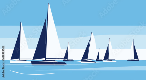 Graphic Sailing Regatta Background With Sailboats Racing In The Sea Vector Illustration