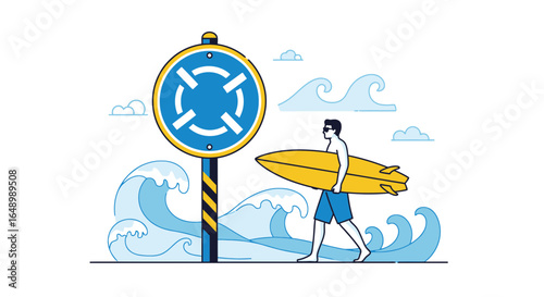 Graphic Style Surfer With Yellow Surfboard Near Lifeguard Post In Seaside
