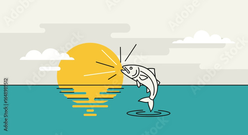 Graphic Silhouette Of Leaping Fish During Sunrise Over The Ocean