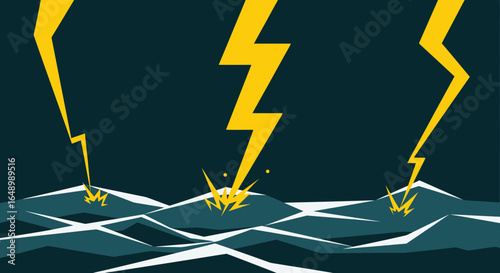 Graphic Stormy Sea With Three Lightning Bolts Striking Waves Illustration