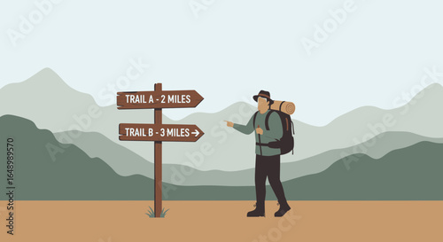 Hiker Deciding Which Trail To Take In The Mountains On A Sunny Day