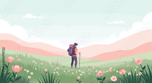 Hiker Enjoying Serene Nature Landscape With Flowers And Pink Mountains