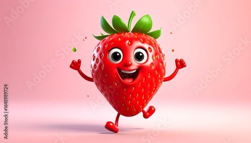 Joyful Cartoon Strawberry Dancing on Pink Background