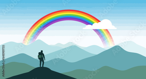Hiker Enjoying View Of Colorful Rainbow Over Mountain Range Nature Scenery