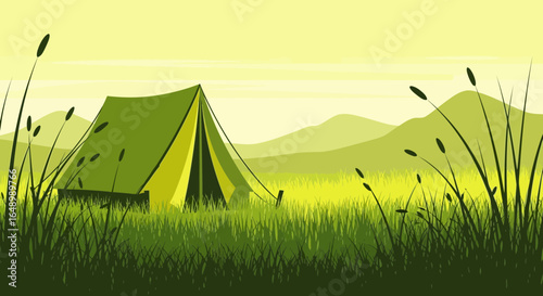 Green Summer Camp Illustration Featuring Tent And Mountain Scenery