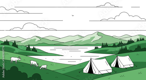 Green Summer Landscape With Mountain Lake Campsite And Goats Grazing