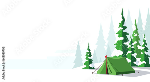 Green Tent Amidst Winter Evergreen Forest For Outdoor Adventure Journey