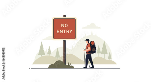 Hiker Ignoring No Entry Sign On Mountain Pass With Backpacking Gear
