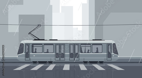 Grey scale illustration of a modern tram in city on a rainy day with blurred background and reflections