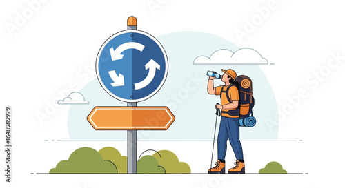 Hiker Hydrating At Directional Signpost Near Unspecified Road Intersection Illustration