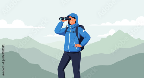 Hiker Looks Through Binoculars At Mountain Range For Trekking Adventure