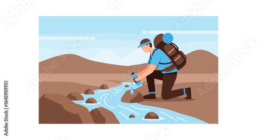 Hiker Is Filling Water Bottle In A River While Trekking Through The Mountains