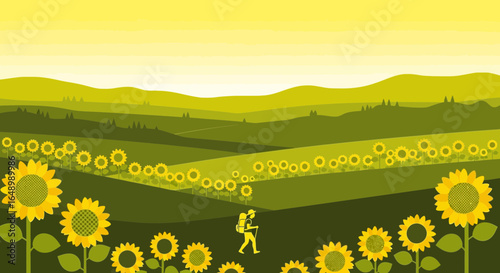Hiker Journeying Through A Tranquil Green Valley Of Sunflowers Vector Design